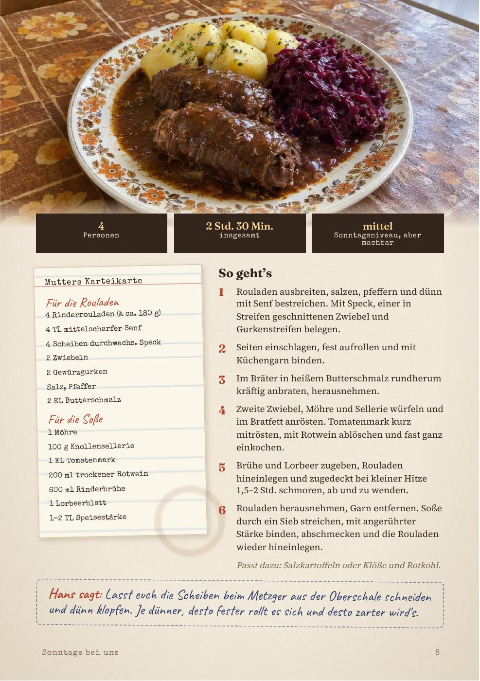 Original-Rezeptseite: Mutters Rinderrouladen mit Zutaten und Zubereitung